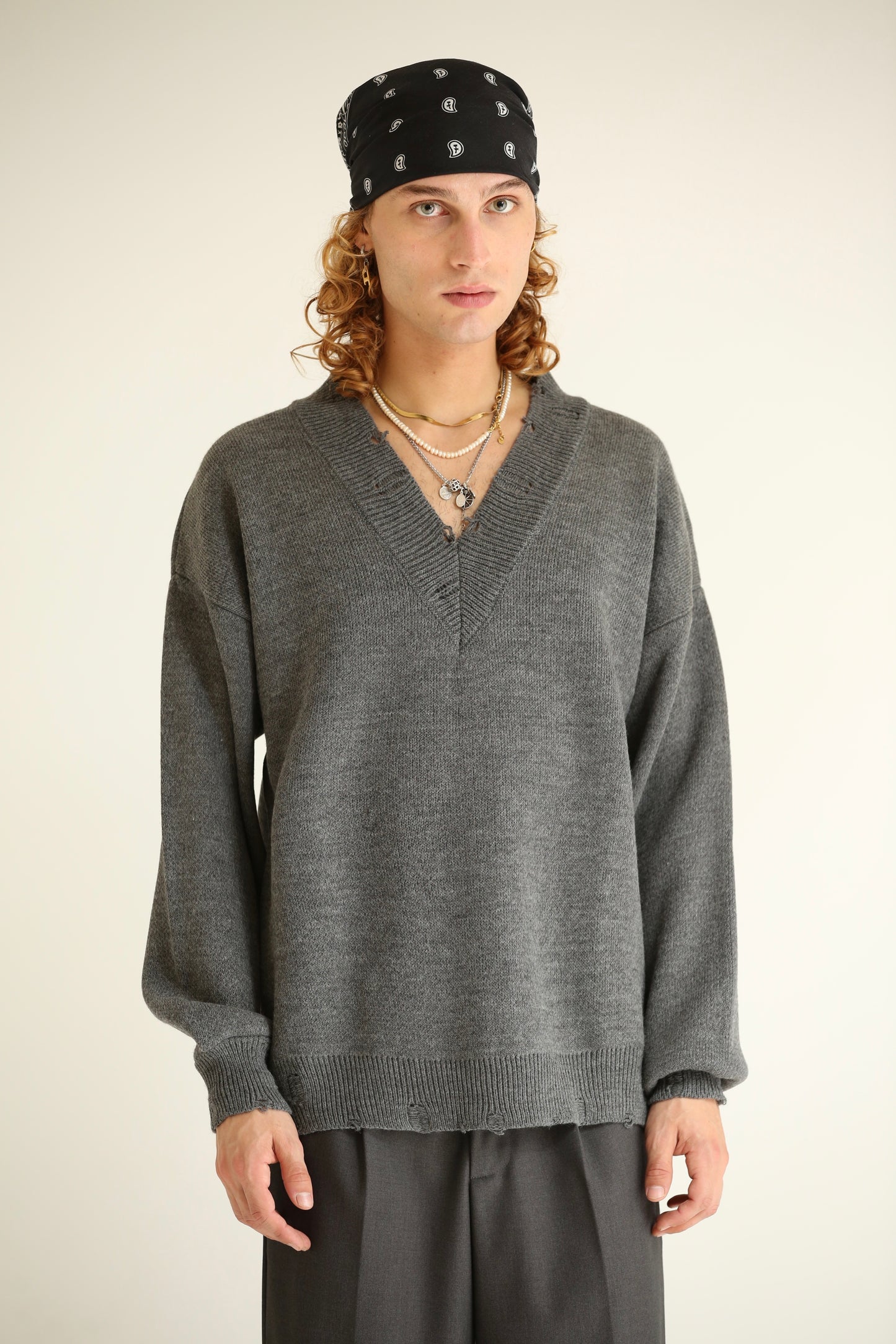 Maglione Scollo V Grigio uomo