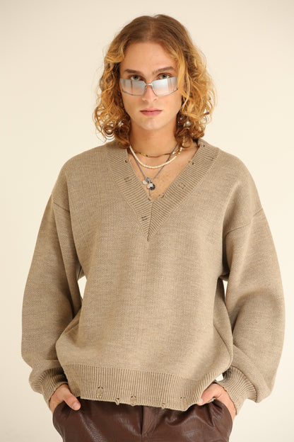 Maglione Scollo V Beige uomo