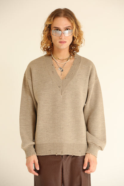 Maglione Scollo V Beige uomo